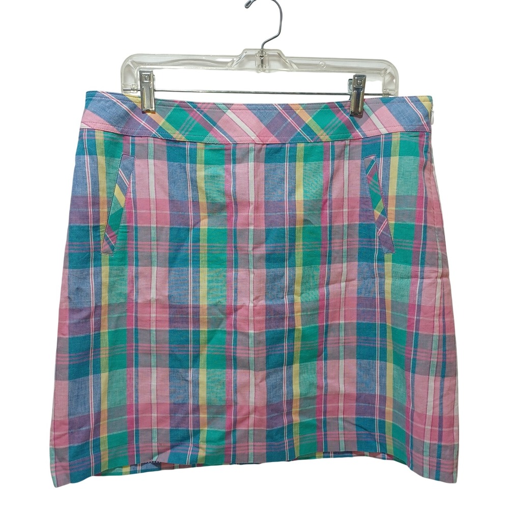 Talbots Pastel Plaid Linen Mini Skirt‎ 12 Preppy Coastal Country Club Spring